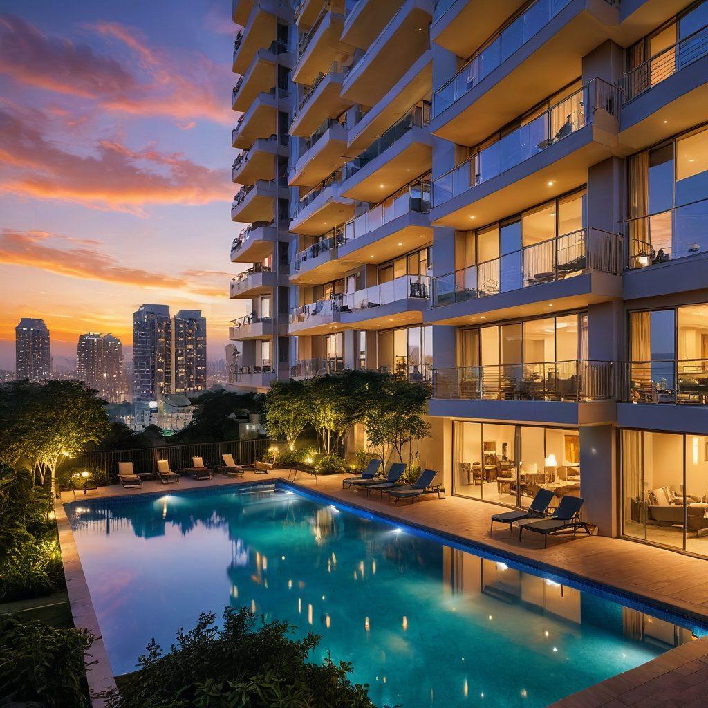 A stunning city skyline featuring luxury apartments with large balconies overlooking a lush green park. Include diverse people enjoying amenities like a pool, outdoor gym, and barbecue area, creating a vibrant community atmosphere. Add subtle touches of modern furnishings and decorative plants on balconies to enhance lifestyle appeal. Illustrate a bright sunset casting warm light over the scene, emphasizing the beauty of urban living. super-realistic. vibrant colors. peaceful ambiance.