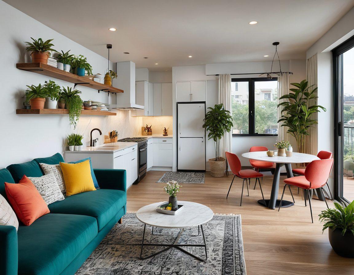 A cozy, modern apartment interior showcasing amenities like a stylish kitchen, comfortable living space, and inviting balcony with plants. In the background, friendly neighbors interact in a vibrant community setting, emphasizing connection and shared experiences. Warm lighting and a touch of greenery create a welcoming atmosphere. super-realistic. vibrant colors. 3D.