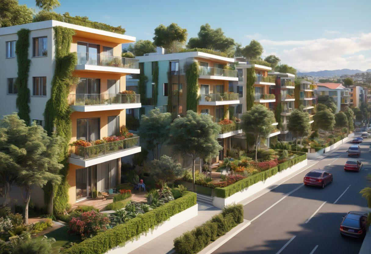 A vibrant cityscape of Vista featuring modern residential apartments with lush greenery and people engaging in community activities. Include local housing market elements like for sale signs and friendly agents. Emphasize diversity with families and individuals interacting harmoniously. Use a bright, inviting color palette to evoke a sense of community and opportunity. super-realistic. vibrant colors. 3D.